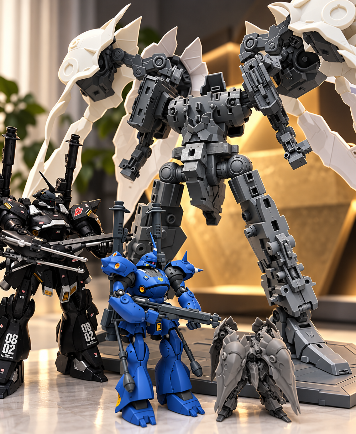 Large-scale mecha build with smaller models for scale comparison